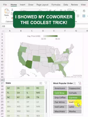 The cover image shows a screenshot from Microsoft Excel displaying an interactive map chart of the United States. The map uses a color gradient to represent data, alongside data tables and chart elements.