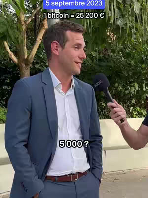 A man in a blue suit is being interviewed outdoors. Behind him is some greenery and a date and bitcoin price is overlayed.