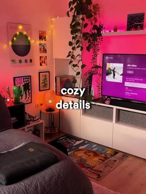 Interior shot of a bedroom at night, with pink and yellow lighting. A bed with a dark gray blanket is in the foreground, a rug featuring a graphic design. In the background, there is a TV, shelves, plants, and artwork decorate a wall. The caption 'cozy details' is in an uppercase font style.