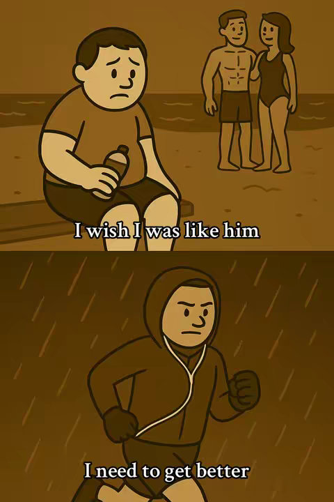 The image is divided into two panels. The top panel shows a cartoon figure, appearing overweight and holding a water bottle, looking sadly towards a couple standing at the beach. The couple is well-built and standing together. The bottom panel depicts a runner in athletic attire, under ominous rain. The overall color palette is sepia-toned.
