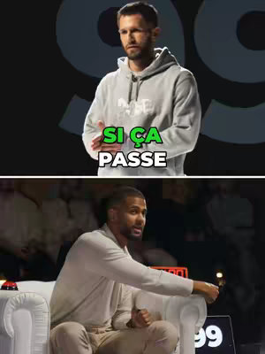 The cover image is split in two. The top half features a man wearing a grey hoodie, set against a dark background. A text overlay in green, 'SI ÇA PASSE', is centered. The bottom half depicts another man in a white shirt seated in a white armchair, with a small digital display showing '99' in the background.