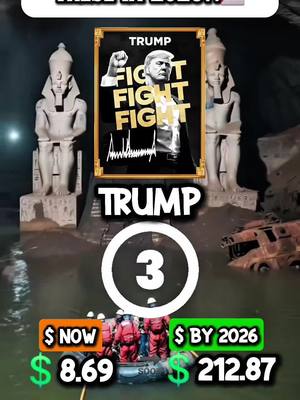 The image shows a digitally manipulated scene. In the background, there's water with what appear to be ruins and Egyptian statues, accompanied by an overturned military vehicle. Overlaid are various elements, including a circular graphic with the number 3, a picture featuring Donald Trump, and price tags with dollar amounts.