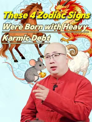 The cover image features a man in a red collared shirt with a light background. Overlaid on the background are images of a horse, a dragon, a ram, and a mouse holding a gold nugget. Text in a yellow rectangle overlay reads "These 4 Zodiac Signs Were Born with Heavy Karmic Debt".