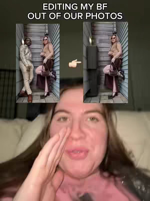 The cover image shows two photos side by side with a woman's face in the lower third. The photos on top show a person with a man standing on the left and the same person on the right but the man is edited out replaced by an object. The woman in the foreground looks directly at the camera, with her hand near her mouth.