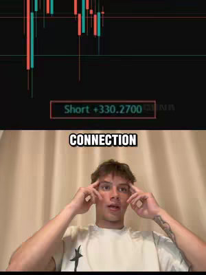 The image shows a young man in a white shirt with his hands near his temples, eyes wide open, appearing surprised. Above him is a screen with a trading chart showing red and green candlesticks and a text box that states 'Short +330.2700.' Below the man, white text reads 'CONNECTION' in a thick black box.