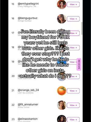 The cover image presents a list of Instagram accounts, with an inquiry about a boyfriend's behavior overlaid in the center. The text contrasts against the background, set on a black background.