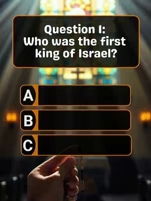 A cover image for a quiz video. It features a dark background with rays of light eminating from above, suggesting a church setting. A rectangular black banner at the top contains the quiz question written in white. Below are three black rectangular boxes, labeled A, B, and C in orange, presumably for the multiple-choice answers. A hand holding a rosary is visible in the foreground.