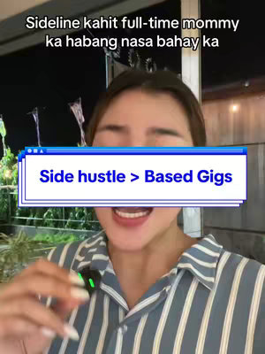 A woman is smiling and holding a small microphone. The background is an outdoor setting at night. A text overlay reads: 'Side hustle > Based Gigs'. The top of the image has text in a sans-serif font.