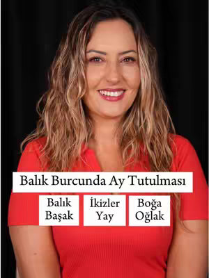 The cover image features a woman with long wavy hair smiling at the camera. She wears a red top, and the background is black. Below her is a white title box with the words "Balık Burcunda Ay Tutulması" in bold text. Below the title box, there are three white boxes, each containing a zodiac sign: Balık, İkizler, and Yay.