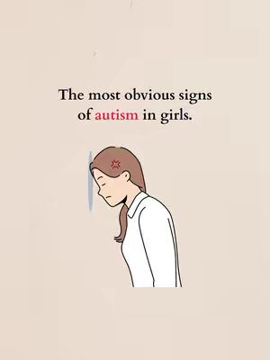 The cover image features a stylized illustration of a woman. She's shown from the side, with her face pressed against a wall, suggesting distress or frustration. Above her head is a visual representation of an angry symbol. The text overlay indicates the video's focus on signs of autism in girls.