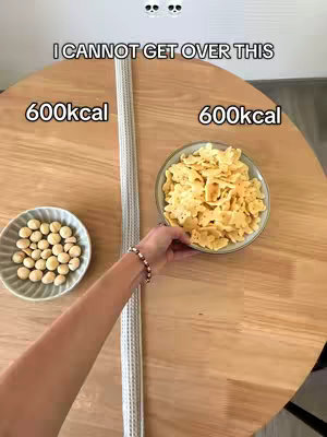 The image shows a top-down view of a wooden table. On either side of a white, vertical object are two plates that appear to hold food. On the right a plate of yellow, crunchy shaped crackers. On the left side a plate with nuts. The top of the image shows a text overlay. In the center of the table is another text overlay that states how many calories the food is.