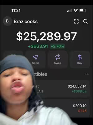 The cover image shows a person on the bottom left corner of the picture with a gray beanie. In the background is a phone screen displaying a crypto wallet app with the balance of $25,289.97 and the text "I told YOU"