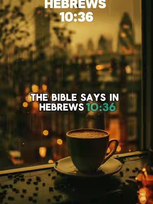 The image features a coffee cup on a saucer, placed on a table with scattered coffee beans. The background shows an out-of-focus cityscape through a window, and overlayed text with a bible reference at the top.