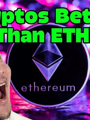The cover image is a selfie-style shot featuring a portion of a person's face on the left, with an open mouth and excited expression. Behind the person is a blurred background of colorful bokeh lights, with a large, shiny Ethereum (ETH) coin dominating the frame, overlapping slightly with the person’s face. The text overlay, in bright green, reads “Cryptos Better Than ETH”.