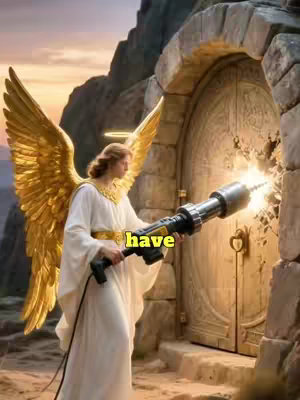 An AI-generated image depicts an angel with golden wings and a halo, dressed in white robes, wielding a jackhammer to break through a stone door. The background shows stone architecture and a sunset, with text overlayed.