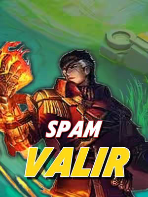 The cover image features a character illustration from the game with text overlay. The character has gray hair, round glasses, and is wearing a red and gold outfit. The text reads 'SPAM VALIR' in a yellow and white outlined font.