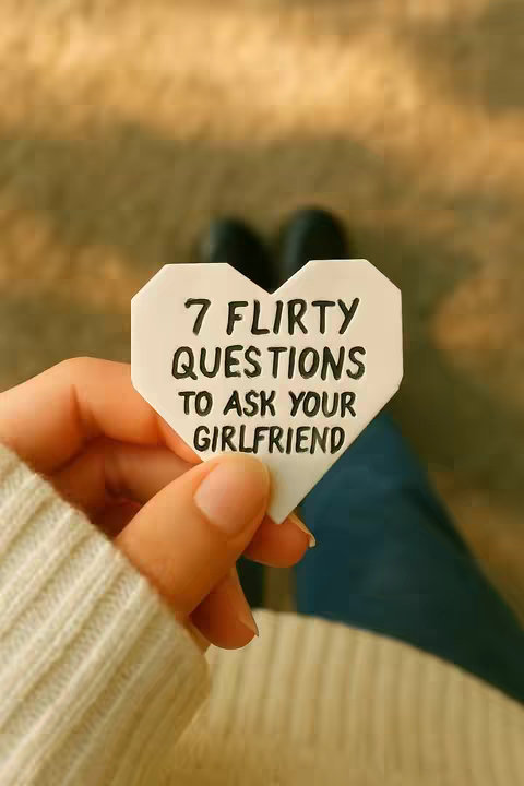 A hand, wearing a white sweater, holds a white, heart-shaped card. The card displays the text '7 FLIRTY QUESTIONS TO ASK YOUR GIRLFRIEND' in bold, black font.