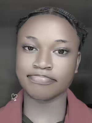 A close-up shot shows a person with a light complexion, dark hair styled in close braids, and dark eyes. They're wearing a dark outfit and a red jacket. The background is out of focus and appears gray. A small heart icon is visible near the person's chest.