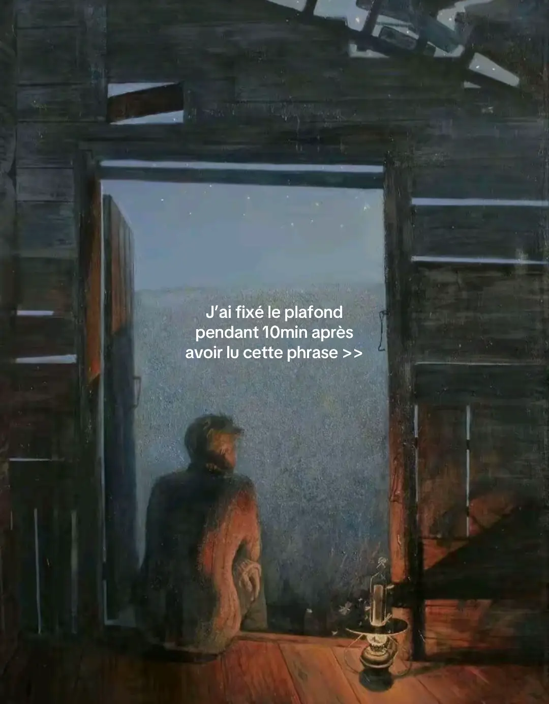 An oil painting depicting a man sitting and looking out of a door or window. The man is viewed from the back with a red coat. The door frame is made of wood. Outside, a dark and misty landscape is seen. A lamp is lit nearby.