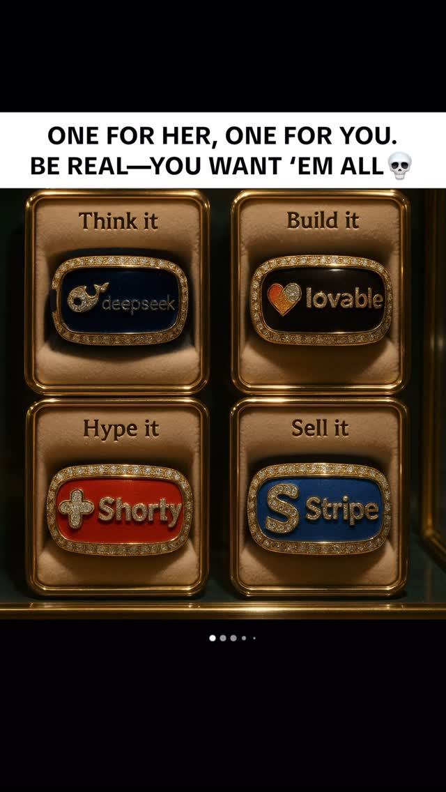 The image showcases four ornate, bejeweled rings presented in individual compartments within a display case. Each ring features a different word ('Think it,' 'Build it,' 'Hype it,' 'Sell it') and logo or design, using gold and various colors. The overall composition is luxurious, highlighting the product's branding.