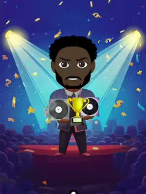 An animated image featuring a black male figure holding a trophy and two vinyl records. He stands on a red carpet in front of a crowd, with a stage and spotlights illuminating him. Gold confetti is falling from above. The background is dark blue.