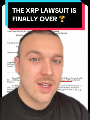 A man is filming a video, with the text 'The XRP lawsuit is finally over' at the top. He is looking at the camera with a document in the background.