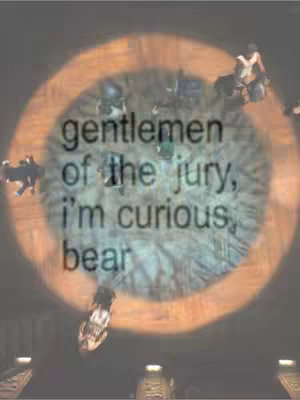The image shows a stage-like setting with overhead lighting creating a circular spotlight. Text overlays the image and includes several figures in the blurred background. It uses muted color and a sense of drama.