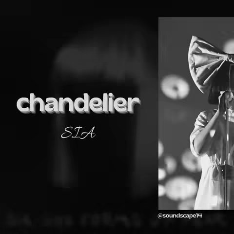 A split image in black and white. On the left, the word "chandelier" is written in a 3D thick font, underneath it, the word "SIA" is written in a simpler font. The right side of the image shows SIA singing on a stage with a large bow on her head.