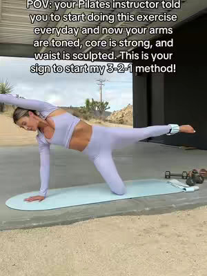 A woman in light purple workout clothes is doing a pilates exercise, legs outstretched, on top of a blue mat. There is text overlaid on the top that describes the image.