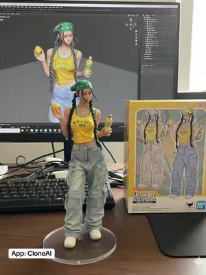 The image presents an AI-generated action figure of a female figure holding fruit and a bottle, set against a backdrop of various computer screens showing design software and a mock-up of the action figure itself. The figure is dressed in a yellow tank top, denim cargo pants, and a green bandana, with the background featuring a digital rendering of the same figure. Other supporting objects include the packaging of an action figure featuring the same character.