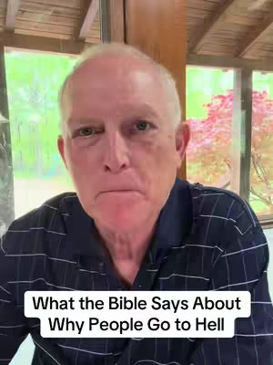 A middle-aged man with short white hair and a serious expression is centered in the frame; he's wearing a dark blue button-down shirt with a subtle striped pattern, and the top half of the frame is filled with the man's face. Behind him, a window provides a glimpse of an outdoor scene with foliage, including a tree with pinkish-red leaves, and a light-colored wood ceiling.