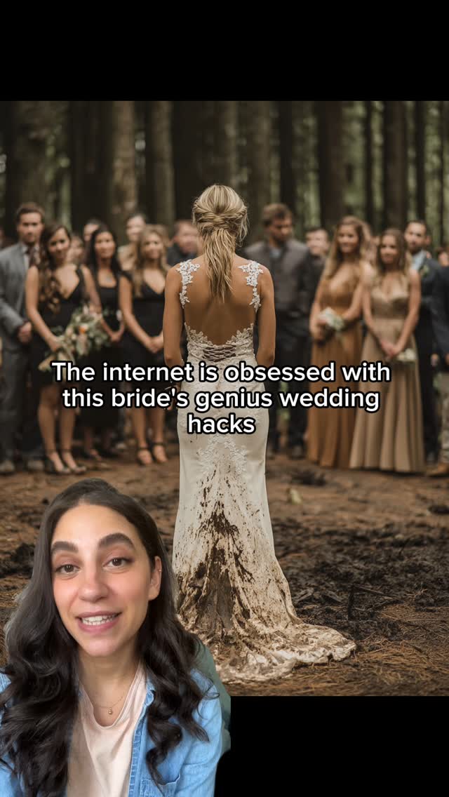 The image shows a woman with blonde hair in a white wedding dress standing with her back to the camera, facing a crowd of people in a forest setting. The bottom portion of the dress is visibly dirty. The bottom-left corner of the photo shows a woman's face. Text overlays the image.