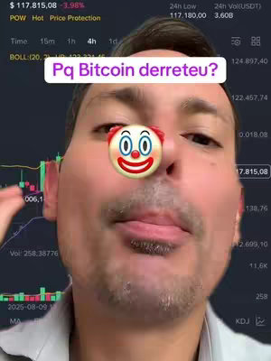 A selfie-style cover image featuring a man looking at the camera, with a clown face filter over his nose. Behind him is a stock chart with fluctuating green and red lines. Text in a white box overlay reads in Portuguese. 