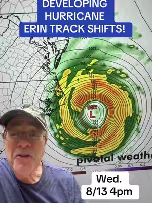 The cover image features a man in the foreground, wearing a baseball cap and glasses, speaking toward the camera. Behind him is a weather map displaying a hurricane, with swirling color patterns and isobars. A text overlay displays the video's title, with the date and time as a smaller text box at the bottom right.