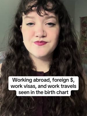 A woman with long, dark wavy hair, wearing a dark top and makeup, is the central focus. A white rectangle overlaid on the image has text discussing working abroad.