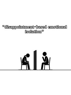 A stark, minimalist image. The background is plain white. In the center, a black dividing line separates two stick figures seated on chairs. On the left, a stick figure of a person with long hair sits slumped, head bowed. On the right, a stick figure sits upright, arms raised slightly as if in supplication or discussion. Above the figures, the text overlay reads a phrase.