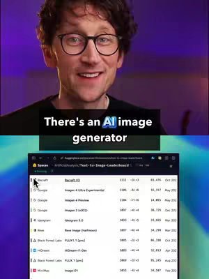 A man with glasses is smiling in the center, with text overlayed above the screen. The background is a gradient of purple and blue. Below him, there is a screenshot from a web page showing the top results of an "Artificial Analysis/Text-to-Image-Leaderboard".