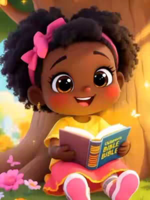An illustrated girl with dark skin and curly hair sits under a tree, holding a book. She wears a yellow shirt and pink dress and headband, and has a smiling expression. The background shows trees and flowers with bright colors, suggesting a vibrant, cheerful scene.