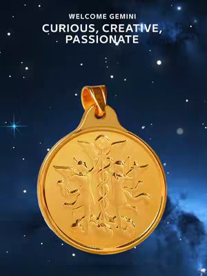 The image features a gold pendant with an intricate Gemini zodiac symbol on a navy blue, starry background. Text overlays read 'WELCOME GEMINI' and 'CURIOUS, CREATIVE, PASSIONATE'. The pendant is centered, with the text at the top.