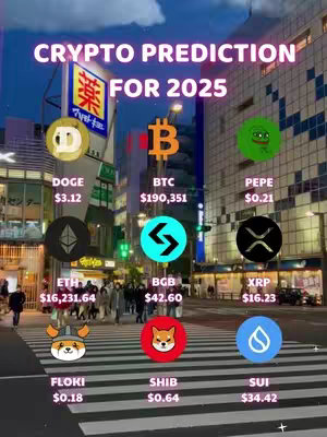 The image is a graphic showing cryptocurrency predictions. It is a stylized image with text overlays and icons representing different cryptocurrencies. The background shows a street scene, possibly in a city, at night, lit by lights. In the foreground, there are various cryptocurrency logos arranged in circles with brief information underneath, the names and their predicted values for 2025. At the top is the title text 'CRYPTO PREDICTION FOR 2025'. The color palette is vibrant, employing shades of purple, green, orange and blue in the signs and icons, contrasting with the darker background.