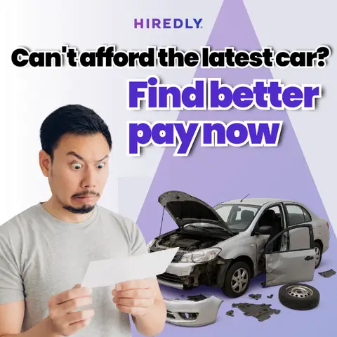 The cover image shows a man reacting with a shocked expression while holding a paper. Behind him is a damaged car with its hood up. The background features a purple triangle.