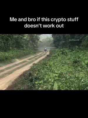 The cover image shows a small airplane on a dirt road surrounded by dense green trees on both sides. The plane is in the middle of the road, facing the perspective of the viewer. Above, in a black bar, white text states "Me and bro if this crypto stuff doesn't work out".