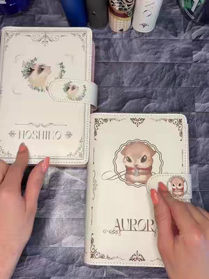 The cover image shows two notebooks, one labeled 'HOSHINO' and the other 'AURORA', placed on a patterned gray surface. The notebooks are off-white with decorative embellishments and illustrations of animals. The person's hands with manicured nails are visible. The background includes various items, like pens and tape rolls.
