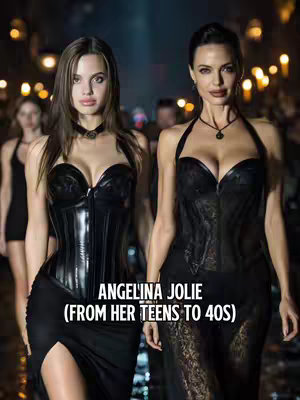 The image presents a side-by-side comparison of two figures seemingly representing Angelina Jolie at different ages, or potentially, an AI representation. The figure on the left, presumably younger, is depicted with long brown hair, a choker, and a tight black corset with a high-slit black skirt. The figure on the right, with the same facial features, is wearing a similar corset.  The background is blurred, displaying party lights.