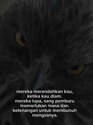 A close-up shot of a dark bird's face, possibly an owl or hawk, with piercing yellow eyes. The background is blurred and dark, emphasizing the bird's features and the text overlay. Text at the bottom of the image reads: "mereka merendahkan kau, ketika kau diam. mereka lupa, sang pemburu memerlukan masa dan ketenangan untuk membunuh mangsanya."