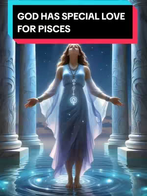 The image shows a woman standing in a shallow pool of water with her arms raised. She wears a flowing, light blue dress with sleeves of sheer fabric billowing around her. The backdrop has tall, white columns suggesting a classical setting with a starry sky.  Text overlay on the top, set against a black background.