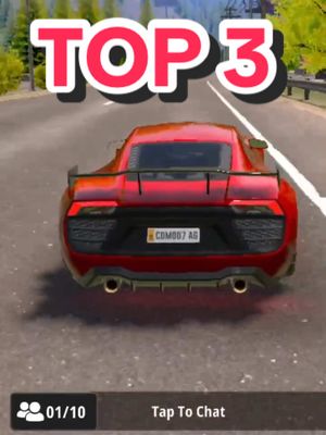 A red sports car is seen from the rear, driving on a road. The upper portion of the image features a white-outlined text overlay that reads 'TOP 3', superimposed over a blurred road and green scenery. The car has an aerodynamic spoiler and a license plate. At the bottom, there is a bar with text '01/10' and 'Tap To Chat'.