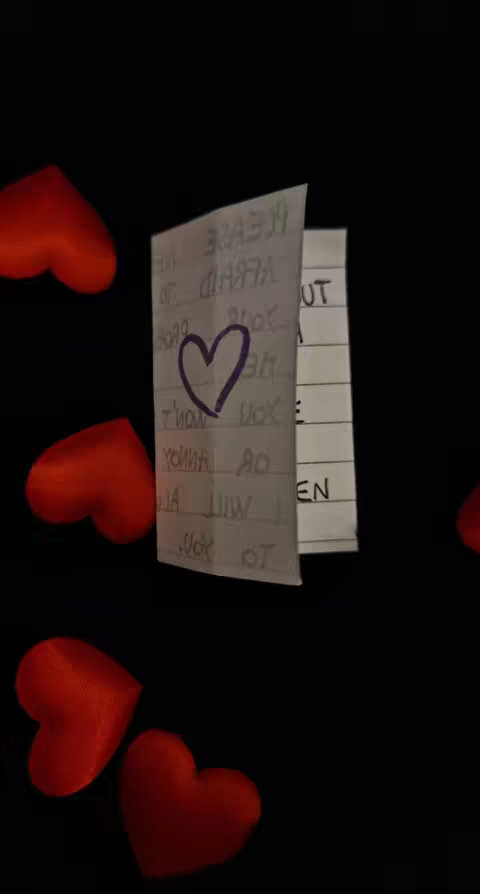 A close-up shot against a black background features a folded white paper with handwritten text and a drawn purple heart. Scattered around the paper are red heart-shaped objects. The composition is simple, focusing on the central message and the symbolic hearts for a romantic theme.
