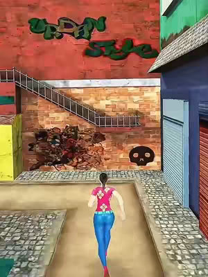 The image showcases a scene from a street-chaser game, with a female figure running towards the camera. The setting appears to be a stylized, colorful urban environment. Buildings with brick textures, graffiti art, and a skull art piece adorn the background. The woman, clad in a pink floral top, blue leggings, and red shoes, adds a sense of motion and energy to the image, suggesting a running action.