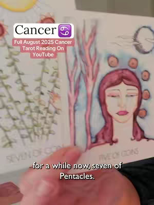 The cover image is a vertical shot. The video shows a tarot card reading, includes handwritten imagery of a female figure with closed eyes, the text "Cancer" with the astrological sign for cancer, and additional overlaid text.